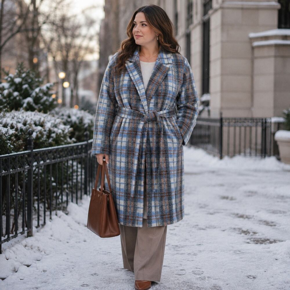 ELOQUII Coat Womens Plus 18/20 Full Length Blue Plaid Warm Teddy Trench